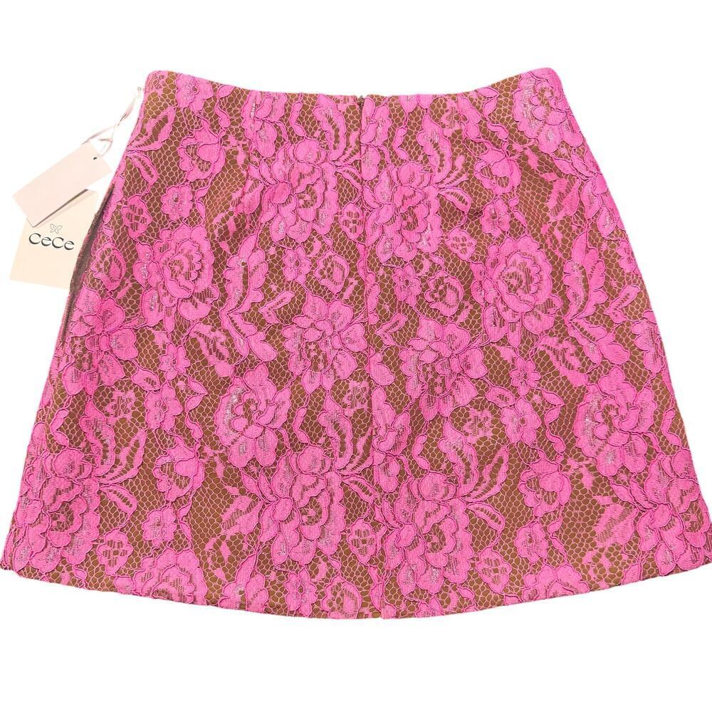 CeCe Pink Lace Mini Skirt Size 4 Floral Overlay Lined New With Tags - Picture 4 of 7